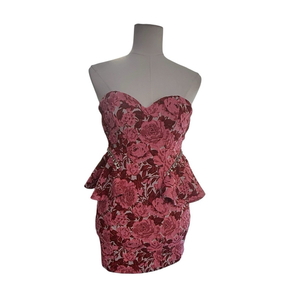 Zara Floral Jacquard Strapless Peplum Mini Dress XS Pink Rhinestone Cocktail